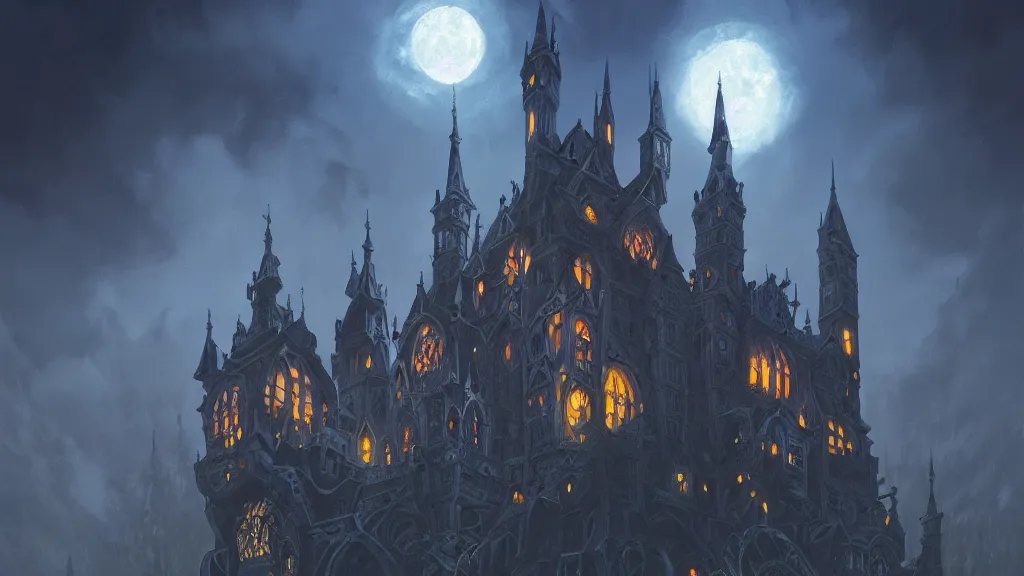 Image similar to foggy intricate gothic castle under the full moon, epic, intricate oil painting, high detail illustration, sharp high detail, manga and anime, official fanart behance hd artstation by jesper ejsing and makoto shinkai, 4 k,