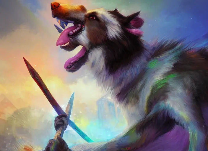 Prompt: wide angle beautiful full body portrait of a cute male anthropomorphic anthro border collie fursona wearing a barbarian outfit in a rainbow, character design by charlie bowater, henry asencio, and ross tran, disney, scenic background, detailed, glamor pose, aesthetic, trending on artstation, furaffinity, deviantart