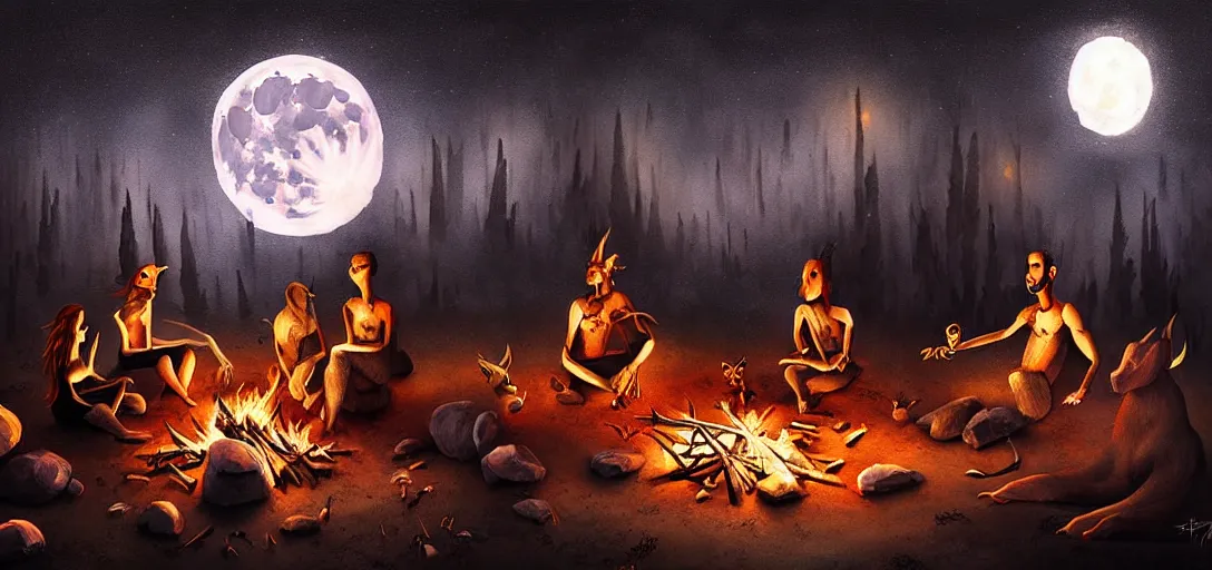 Image similar to strange mythical beasts of sitting around a fire under a full moon, surreal dark uncanny painting by ronny khalil