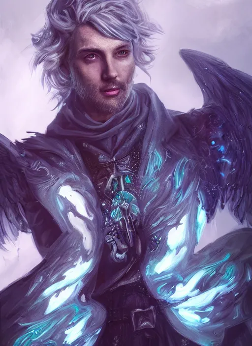 Image similar to An epic fantastic realism comic book style portrait painting of an aasimar hexblade warlock, teal electricity, male, grand angel wings, silver hair, short beard, embers falling, D&D Concept Art, unreal 5, DAZ, hyperrealistic, octane render, cosplay, RPG portrait, dynamic lighting