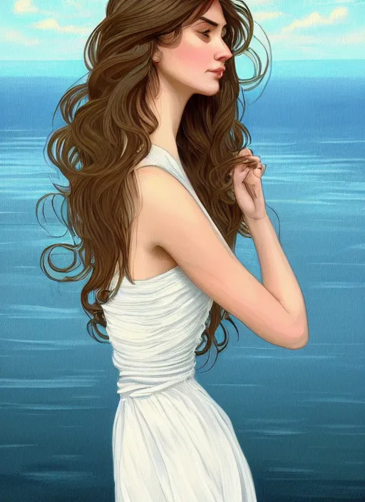 Image similar to long shot, woman posing, short wavy hair, round face, intricate white dress, lakeside, cottagecore!!, intricate, enlightened, highly detailed, digital painting, artstation, concept art, smooth, sharp focus, illustration, inspired by artgerm, by marat safin, and alphonse mucha