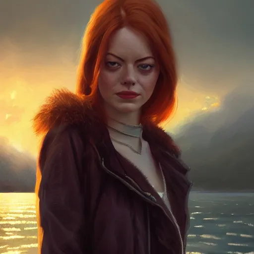 Image similar to a closeup portrait of a emma stone, dramatic light, lake background, sunset, dark, painted by stanley lau, painted by greg rutkowski, painted by stanley artgerm, digital art, trending on artstation