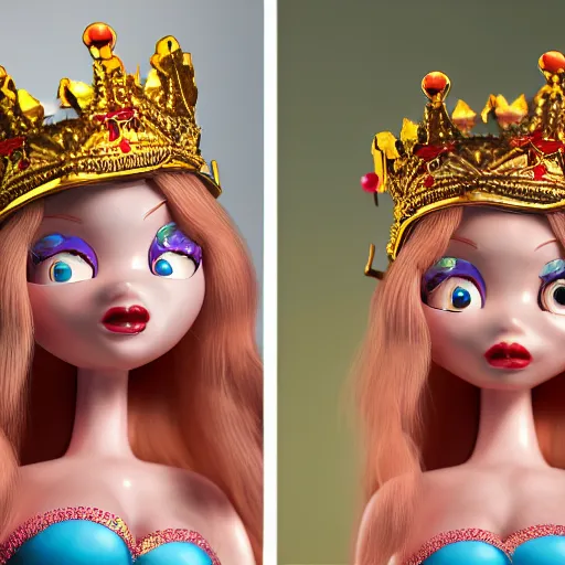 Prompt: closeup face profile portrait of a tin toy fairytale princess wearing a crown eating cakes, bikini, depth of field, zeiss lens, detailed, symmetrical, centered, fashion photoshoot by max fleischer, hyperrealistic, octane render