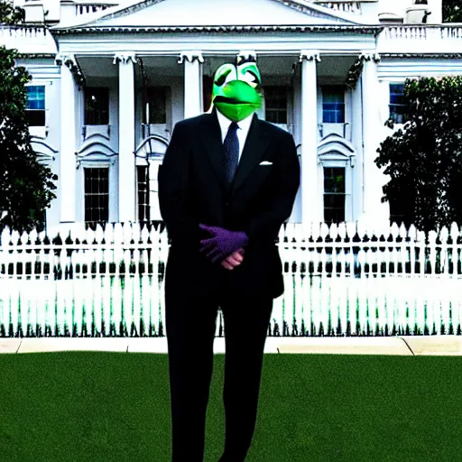 Image similar to “Kermit the Frog as president of the United States, wearing a suit and tie in front of the White House with a helicopter, photo journalism unreal 4k”