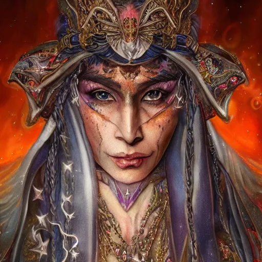 Image similar to an Artstation 3d render of Very very very very highly detailed beautiful mystic portrait of a phantom warrior with galaxy, tattoos by Anton Pieck, intricate, extremely detailed, digital painting, artstation, sharp focus, intimidating lighting, incredible art,