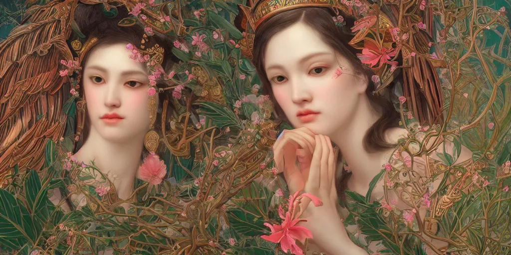 Image similar to breathtaking detailed concept art painting of the goddess of flamingo, orthodox saint, with anxious, piercing eyes, ornate background, amalgamation of leaves and flowers, by Hsiao-Ron Cheng and John James Audubon, extremely moody lighting, 8K