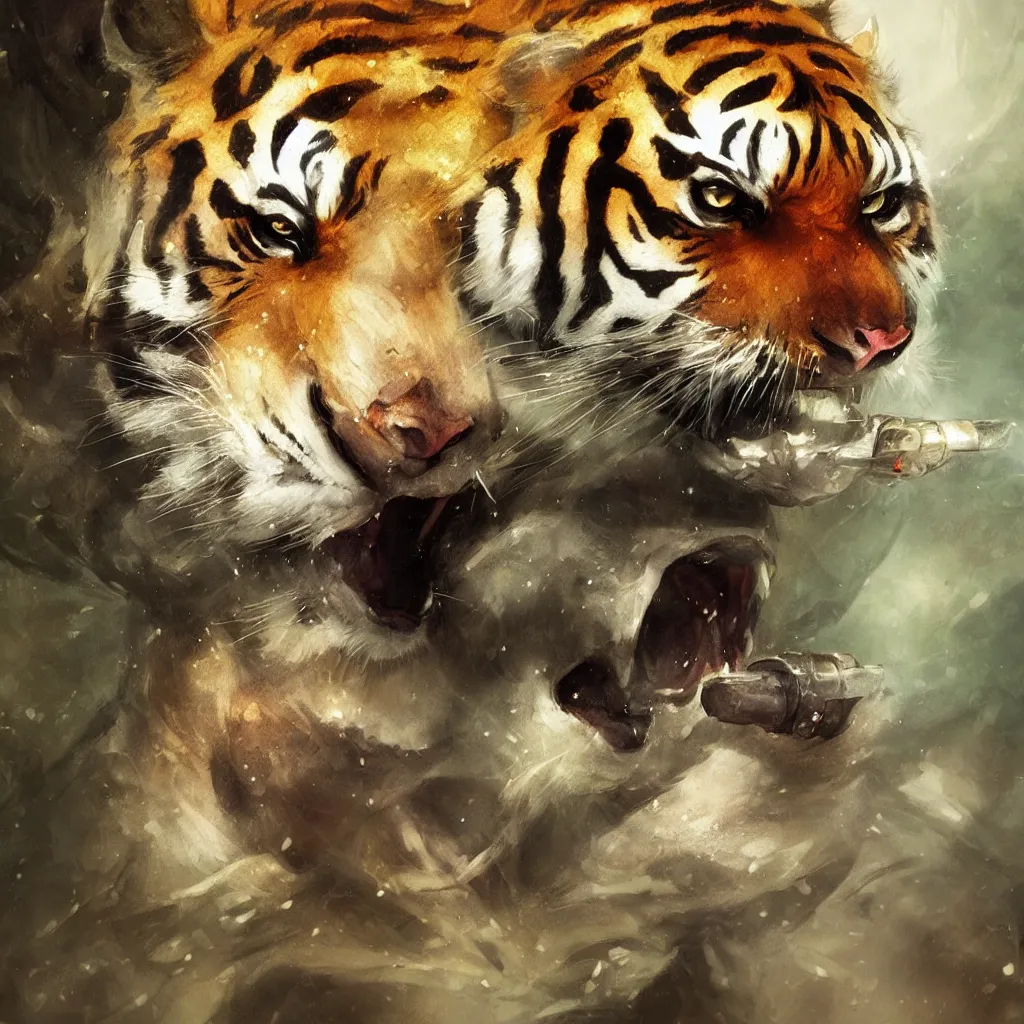 Prompt: close up profile of a menacing tiger, holding the handle of a katana with his mouth, alphons mucha, rhads, ross tran, artstation, artgem