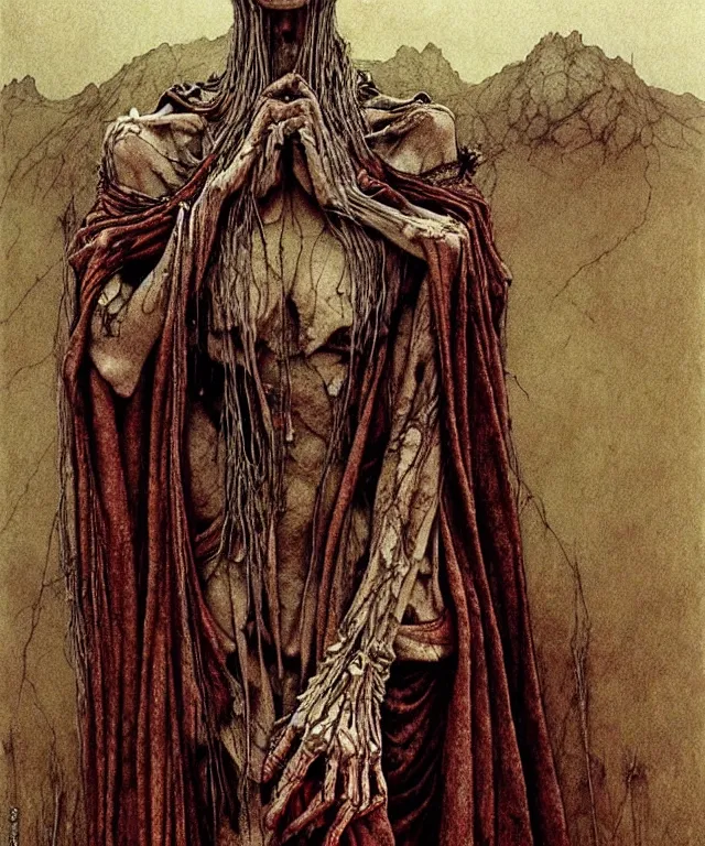 Image similar to a detailed creepy woman with many joints and arms stands among the hills. wearing a ripped mantle, robe. perfect faces, extremely high details, realistic, fantasy art, solo, masterpiece, art by zdzislaw beksinski, arthur rackham, dariusz zawadzki, hermann nitsch