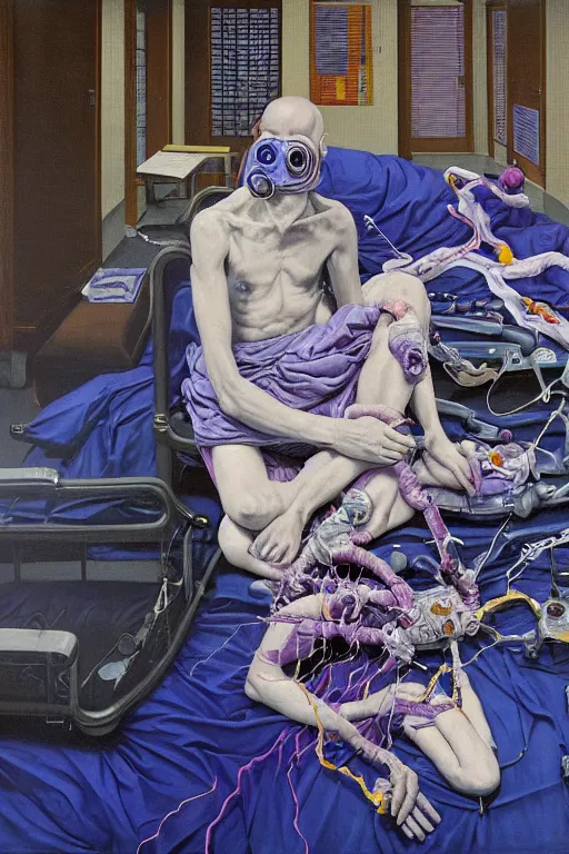 Prompt: the mind bender standing in a deserted hospital room, medical instruments, patient on # # hospital bed # # wearing an ornate gas mask and draped in rich blue and purple, fleshy, extremely detailed, by painted by francis bacon, adrian ghenie, james jean and petra cortright, part by gerhard richter, part by takato yamamoto. 8 k masterpiece