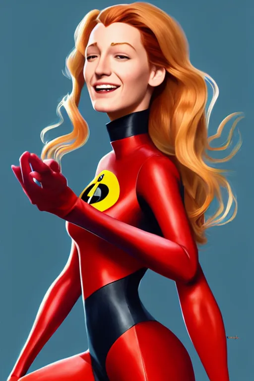 Image similar to blake lively as elastic girl from the incredibles, highly detailed, digital painting, trending on artstation, concept art, sharp focus, illustration, art by artgerm and greg rutkowski and fuji choko and viktoria gavrilenko and hoang lap