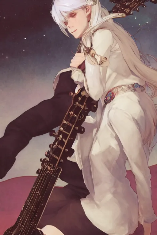 Image similar to a white haired girl with a guitar on her back sitting on the floor taking off her socks, 4 5 angel by krenz cushart and mucha and akihito yoshida and greg rutkowski, 4 k resolution blackmagic ursa mini pro 1 2 k canon fujifilm sony alpha nikon