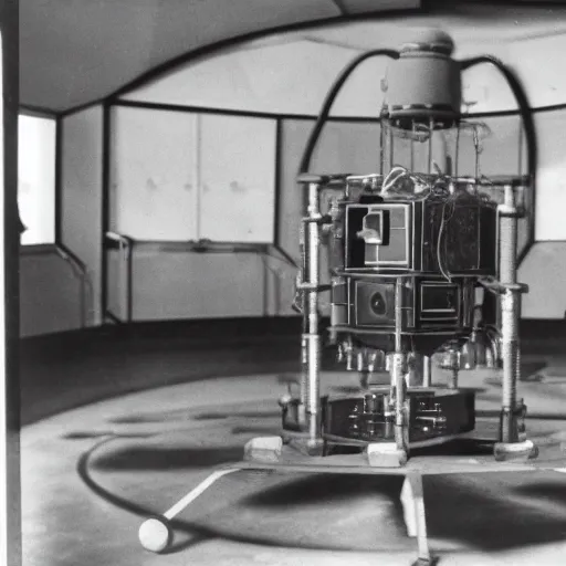 Image similar to interior of alien laboratory with strange device at the center of a room, color photograph