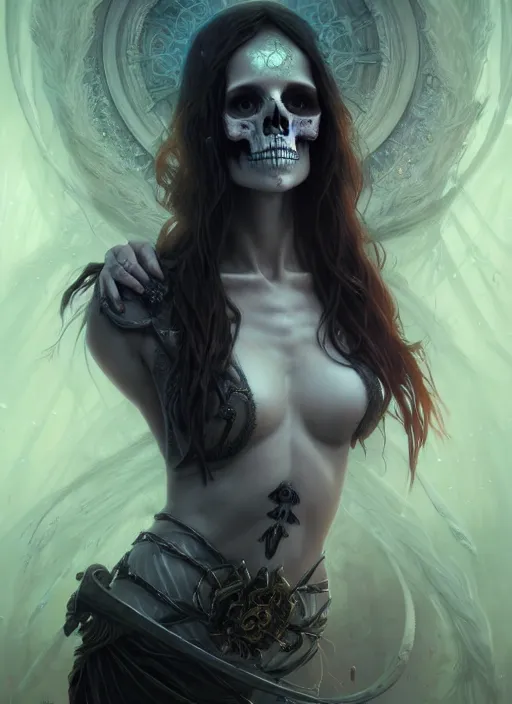 Image similar to a beautiful cinematic female Necromancer Sorceress, fantasy skull and bone landscape, fantasy magic, undercut hairstyle, dark light night, intricate, elegant, sharp focus, illustration, highly detailed, digital painting, concept art, matte, art by WLOP and Artgerm and Greg Rutkowski and Alphonse Mucha, masterpiece