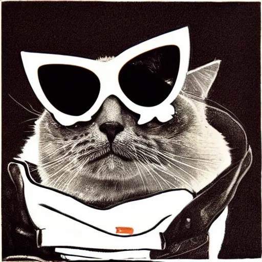 Prompt: a cat wearing sunglasses, pop art, moebius, award winning