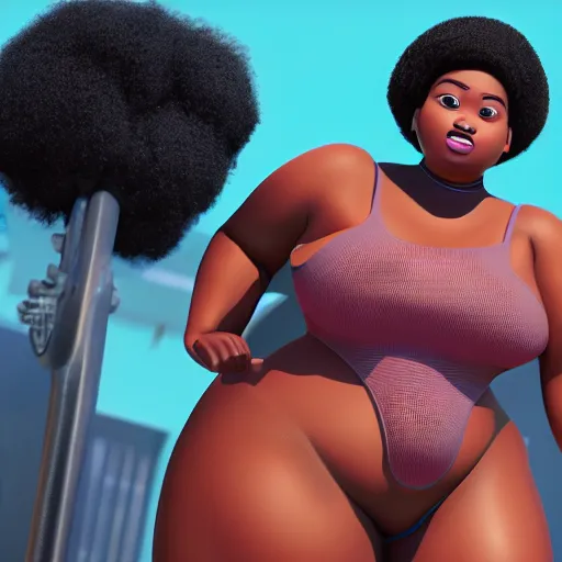 Prompt: high quality still of black bbw woman, 3d, in the style of pixar, comic book style, gym, highly detailed, 16k resolution, octane renderer, coherent