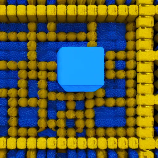 Prompt: a ninja in a white box dodging borg cubes, blue and yellow particles