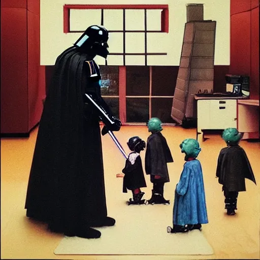 Image similar to “Darth Vader in school room with kids, painting in the style of Norman Rockwell”