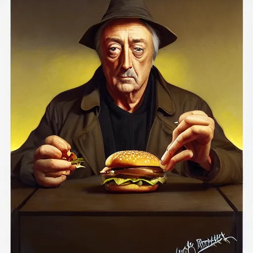 Prompt: portrait of Robert Mitchum eating hamburgers, extra onions and ketchup, luscious patty with sesame seeds, ethereal, handsome, D&D, fantasy, intricate, elegant, highly detailed, digital painting, artstation, concept art, matte, sharp focus, illustration, art by Artgerm and Greg Rutkowski and Alphonse Mucha