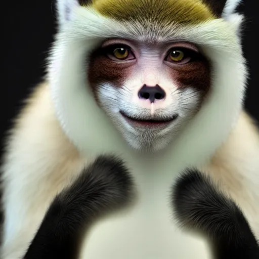 Image similar to fox as a monkey, fluffy white fur, black ears, stunning green eyes, extremely long white tail with black tip, award winning creature portrait photography, extremely detailed, artstation, 8 k, sensual lighting, incredible art, wlop, artgerm