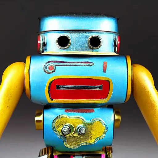 Image similar to japanese tin toy robot, 1 9 6 0, metal, windup, colorful, photograph, brightly painted, highly detailed