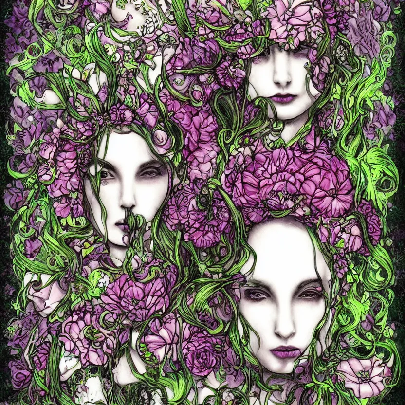 Prompt: tranquil oblivion, floral queen and prince, Gothic psychedelic flowers, artwork by artgem