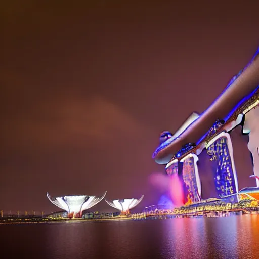 Prompt: Singapore city, Singapore Esplanade, Singapore Marina Bay, with a very very very very very lion-shaped cloud in the sky and fireworks in the sky, by greg rutkowski, red and white lighting, digital art, ultra realistic, ultra detailed, photorealistic, 4k, character concept