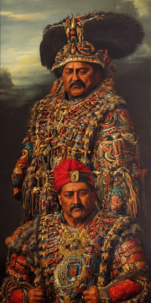 Image similar to Highly detailed and cinematic Renaissance period portrait oil painting of the Aztec emperor Montezuma!! an oil painting ((masterpiece)) by ((Josep Tapiró Baró)), dynamic lighting, 8K, Aztec!!
