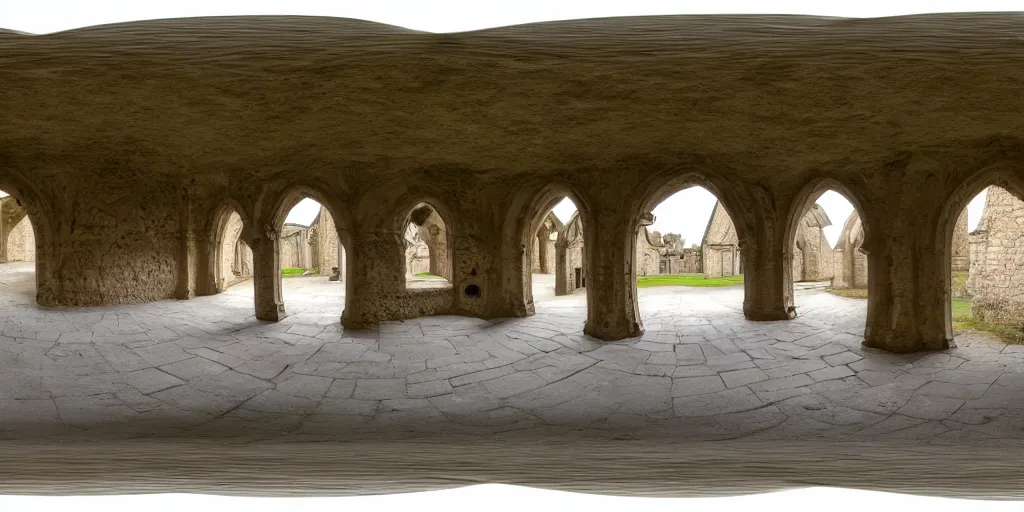 Image similar to high quality 3 6 0 ° image in equirectangular projection of a cloister of a cistercian monastery, seamless, gothic