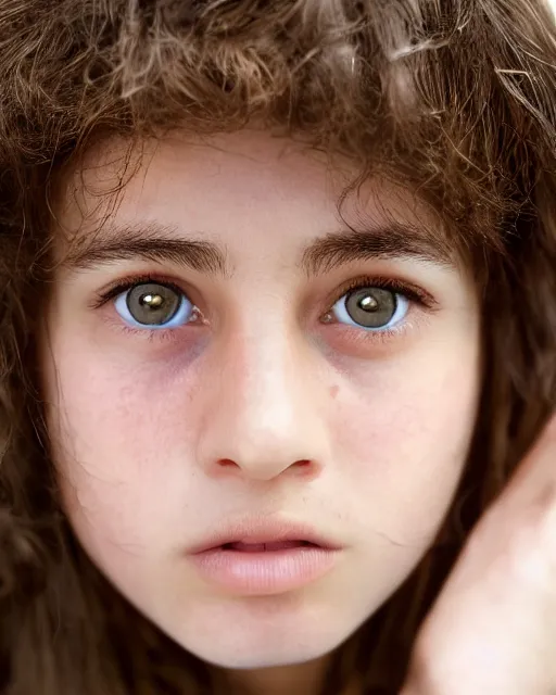 Prompt: photo portrait 1 5 - year old girl with lush brown hair, hermione granger, large front teeth, and bright piercing brown eyes, hyper realistic face, beautiful eyes, by mario testino