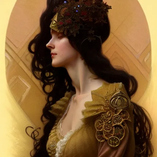 Image similar to character portrait of a modest woman, tall, feminine, powerful, modestly clothed, voluminous, intricate, elegant, highly detailed, digital painting, artstation, smooth, symmetrical, sharp focus, illustration, art by gaston bussiere and alphone mucha