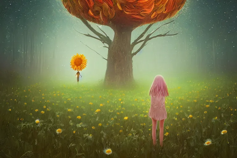 Image similar to giant daisy flowers head, girl standing in forest, surreal photography, dark night, stars, moon light, impressionist painting, clouds, digital painting, artstation, simon stalenhag