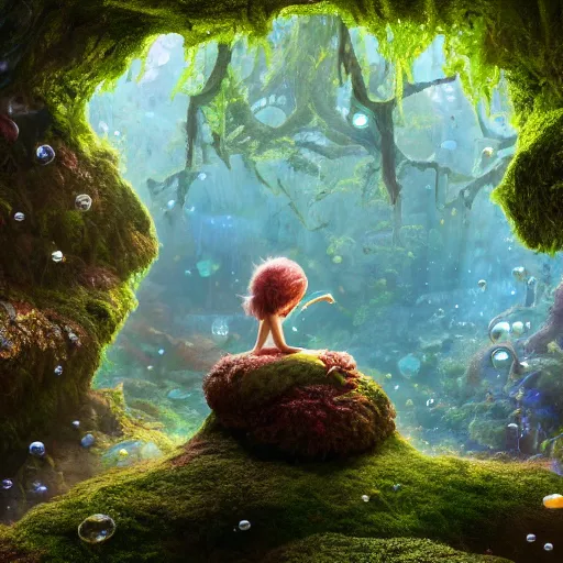 Image similar to child satyr, moss, floating, rbc, radiolaria, protophyta, micro - organisms, center frame, symmetric, rim light, marine microbiology, underwater, bioluminescence, electric, soft, concept art, intricate details, highly detailed, colorful, photorealistic, disney pixar, octane render, iridescent, anime, 8 k