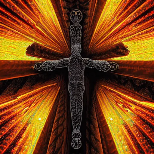 Image similar to a crystalline 3 d mandelbulb fractal in the shape of jesus christ on the cross, bioluminescent opal, fractal, magnificent lighting, ethereal, ray tracing, octane