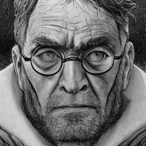 Prompt: a close up portrait of an old harry potter, art station, highly detailed, concept art, sharp focus, illustration in pen and ink, wide angle, by Kentaro Miura