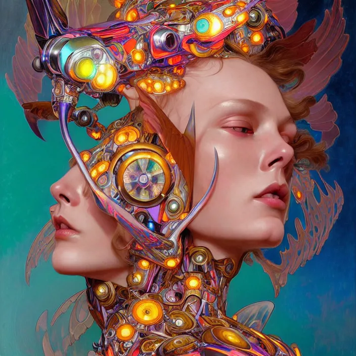 Prompt: bright psychedelic portrait of shiny organic cyborg, wings, diffuse lighting, fantasy, intricate, elegant, highly detailed, lifelike, photorealistic, digital painting, artstation, illustration, concept art, smooth, sharp focus, art by John Collier and Albert Aublet and Krenz Cushart and Artem Demura and Alphonse Mucha