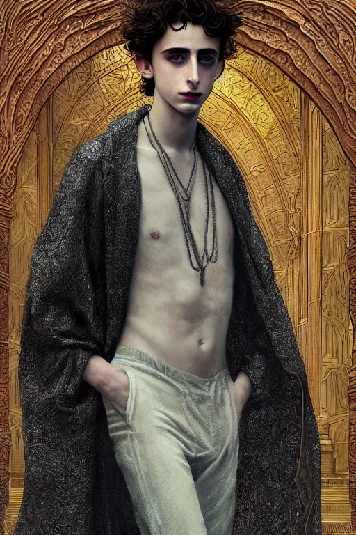 Image similar to portrait of timothee chalamet as dream of the endless, the sandman, grey clothes, in persian temple wet night, sci - fi and fantasy, intricate and very very beautiful and elegant, highly detailed, digital painting, artstation, concept art, smooth and sharp focus, illustration, art by tian zi and wlop and alphonse mucha