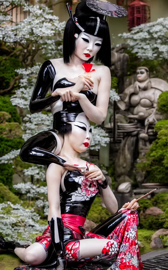 Image similar to a futuristic fetish geisha wearing a latex tomesode with traditional japanese pattern, heavy black okobo shoes, in a futuristic zen garden, 4 k