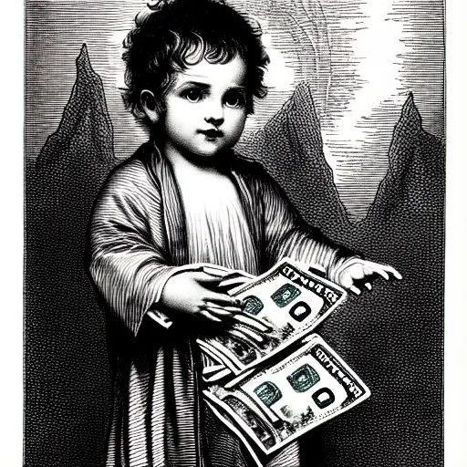 Image similar to baby smoove holding stacks of cash, biblical image, style of gustave dore, highly detailed, beautiful, high contrast, black and white