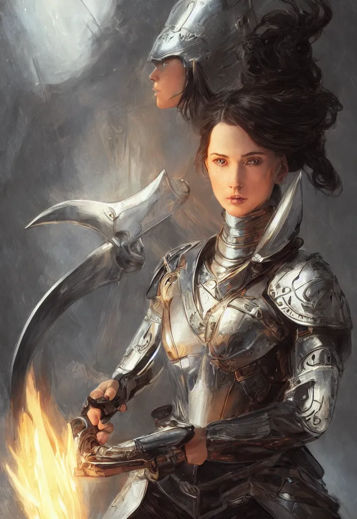 Image similar to portrait of a woman dressed in plate armor with black hair and blue eyes wielding a greatsword, elegant, digital illustration, fire magic, detailed, intricate, sharp focus, digital painting, deep focus, digital painting, artstation, concept art, matte, art by artgerm and greg rutkowski and alphonse mucha