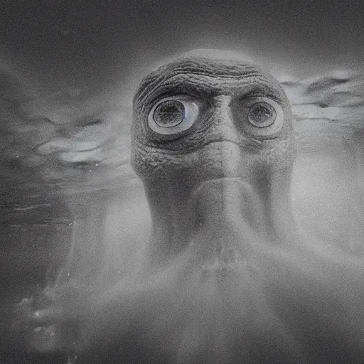 Image similar to a gigantic cyclope emerging from underwater, gazing to the darkened sky, old 3 5 mm, black and white, photorealistic