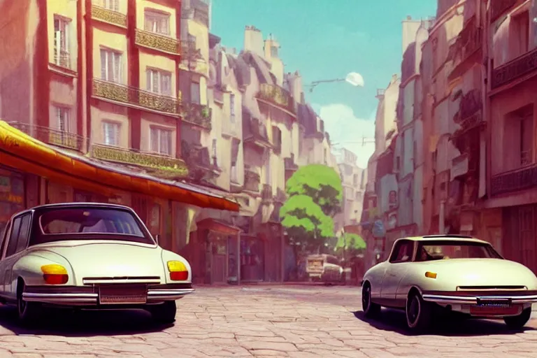 Image similar to a wholesome beautiful animation key shot of!! one!! focused!! 1 9 7 4 citroen ds!! in a paris street, medium wide shot, studio ghibli, ( pixar ) and disney animation, sharp, very detailed, high resolution, rendered in unreal engine 5, anime key art by greg rutkowski, bloom, dramatic lighting