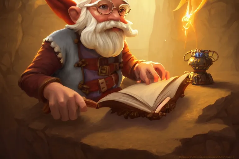 Image similar to legendary elegant gnome merchant reading book,, highly detailed, d & d, fantasy, highly detailed, digital painting, trending on artstation, concept art, sharp focus, illustration, global illumination, ray tracing, realistic shaded, art by artgerm and greg rutkowski and fuji choko and viktoria gavrilenko and hoang lap