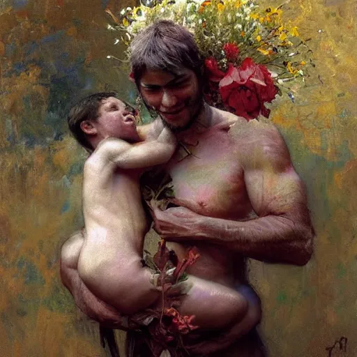 Prompt: A shy goat human hybrid with the horns, ears, and legs of a goat and the face and body of a human holding a bundle of flowers. By Craig Mullins. By Ilya Repin. By Ruan Jia.