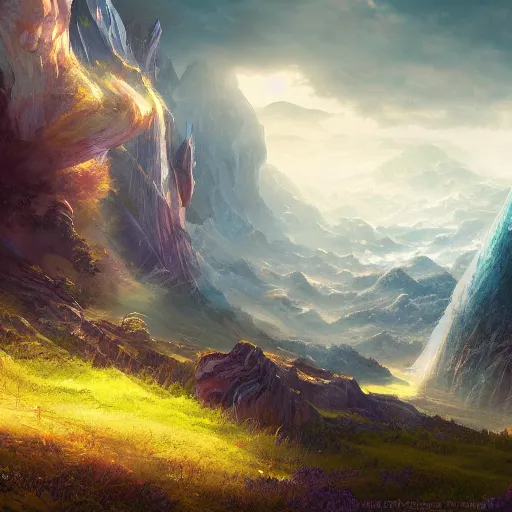 Image similar to fantasy book cover painting, dramatic shot of a lively landscape in the country, ultradetailed, wallpaper, 4k, prismatic, by Ross Tran