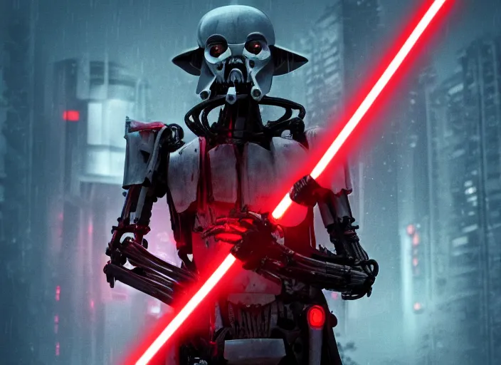 Image similar to portrait photo of general grievous with arms holding 4 activated red lightsabers in the rain. cyberpunk horror style.