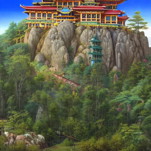 Image similar to a beautiful and highly detailed matte painting of a colorful yet humble buddhist temple and fort built of large stones in the distance high in the most epic mountains ever, intricate details, epic scale, insanely complex, 8 k, sharp focus, hyperrealism, very realistic, by caspar friedrich, greg rutowski, james gurney, hudson river school