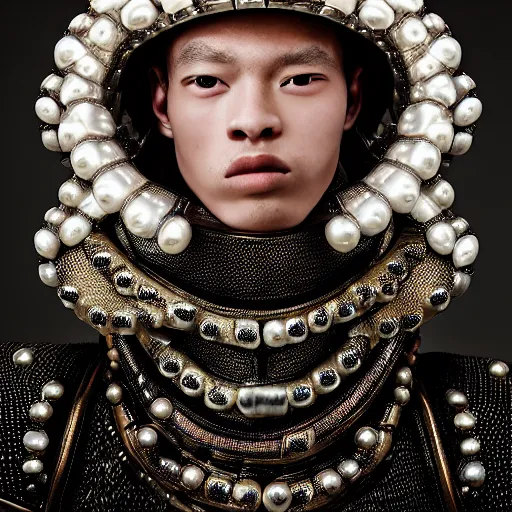 Prompt: a portrait of a beautiful young male wearing an alexander mcqueen armor made of pearls , photographed by andrew thomas huang, artistic