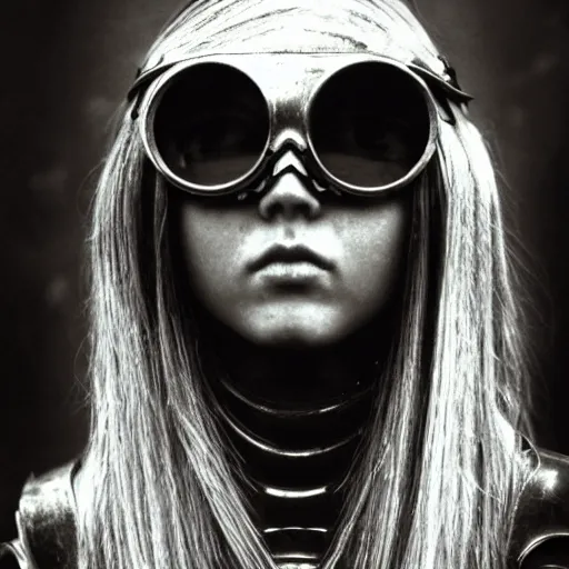 Prompt: young teen female knight in shiny armor. She has pigtails. She has cool round glasses. black and white photo by Beksinski