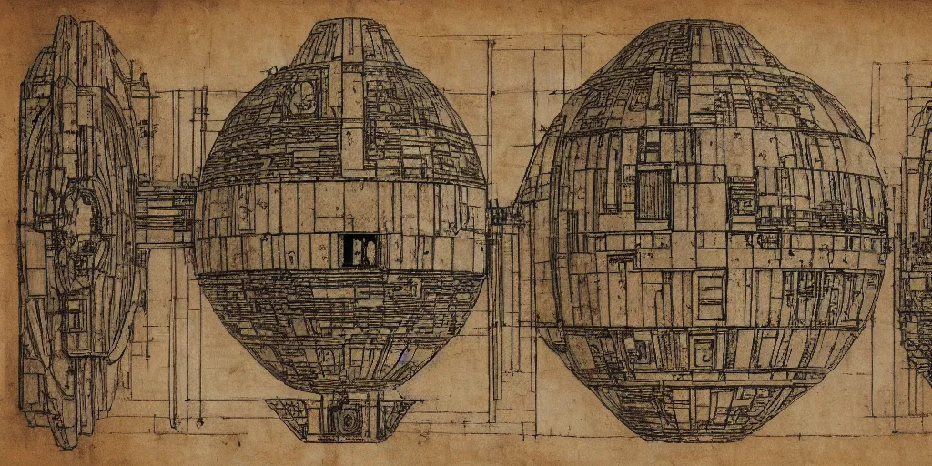 Image similar to the death star architecture diagram by leonardo da vinci, star wars, made on old parchment, highly detailed, trending on artstation