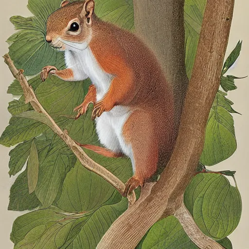 Prompt: digital art, a british naturalist illustration of an english red squirrel on a tree branch, by james audubon, the audubon society.